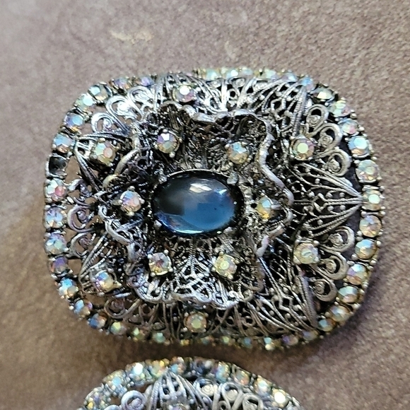 Antique MUSI Filigree Rhinestone Cabochon Gothic Shoe Clips - Picture 2 of 6